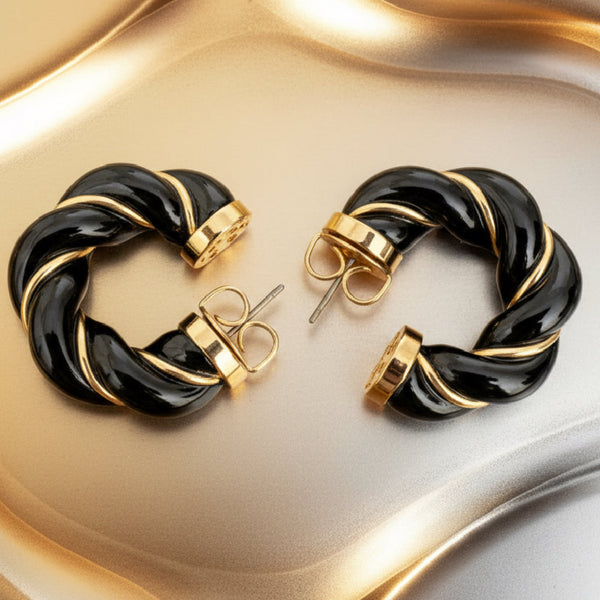 Tory Burch Black and Gold Textured Rope Hoop Earrings