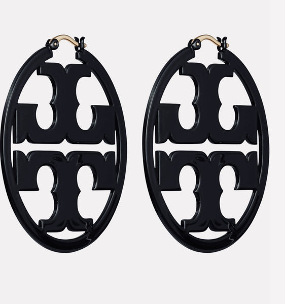 Tory Burch Miller Logo Hoop Earrings Painted Black and French Cream