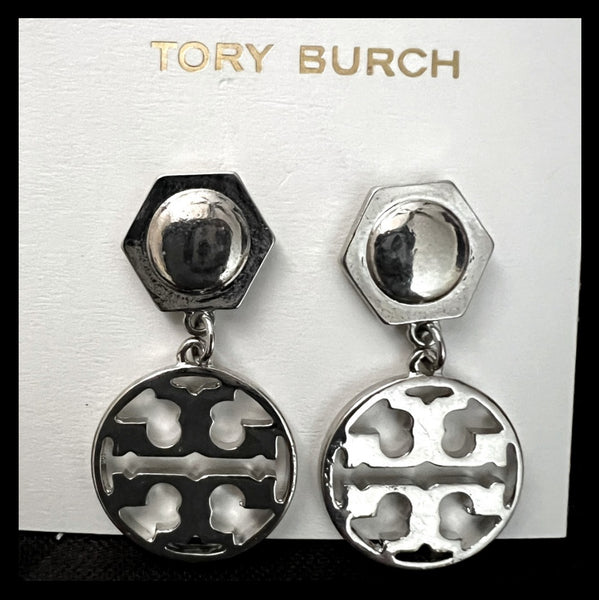 Tory Burch Silver Hexagon Logo Circle Drop Earrings