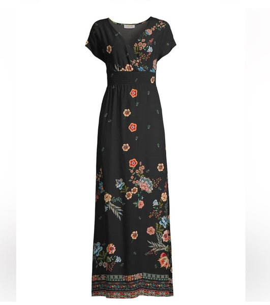 Johnny Was Ardell Black Floral Smocked Maxi Dress Size XX Large