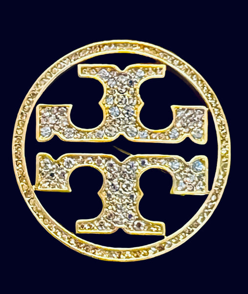 Tory Burch Gold And  Crystal Pave Double T logo Brooch Pin