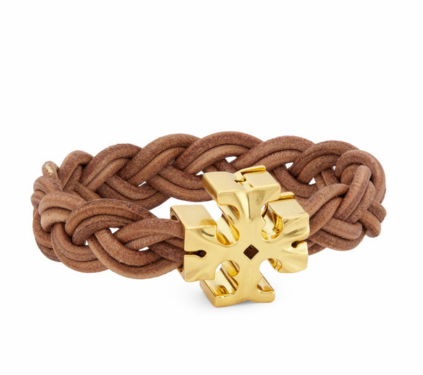 Tory Burch Fisherman 18K Gold Plated & Braided Leather Bracelet Rolled Gold Vachetta