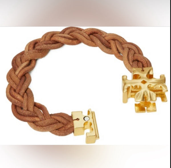 Tory Burch Fisherman 18K Gold Plated & Braided Leather Bracelet Rolled Gold Vachetta