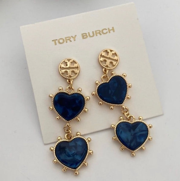 Tory Burch Logo Gold Plated Brass and Blue Lapis Stone Heart Drop Earrings