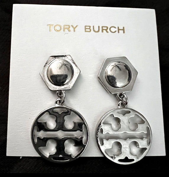 Tory Burch Silver Hexagon Logo Circle Drop Earrings