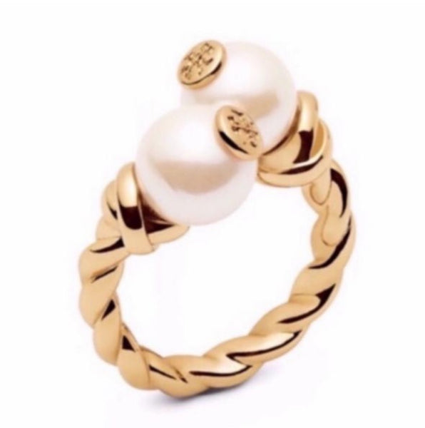 Tory Burch Logo Faux Pearl Bud Rope Bead Ring Size 7 Adjustable