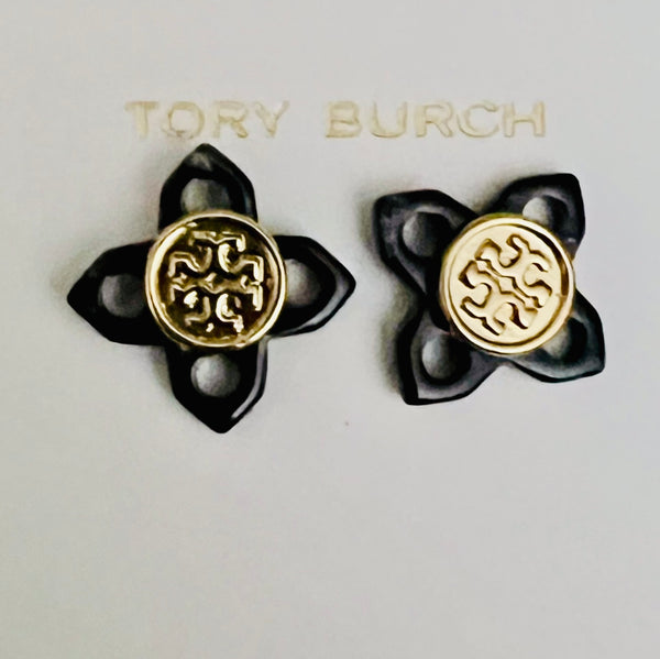 Tory Burch Small Babylon Resin Black Gold Fleur Logo Earrings Stud Earrings