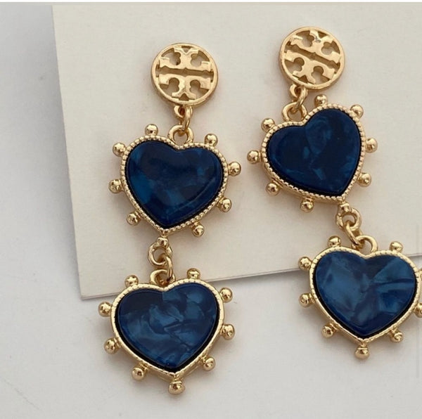 Tory Burch Logo Gold Plated Brass and Blue Lapis Stone Heart Drop Earrings