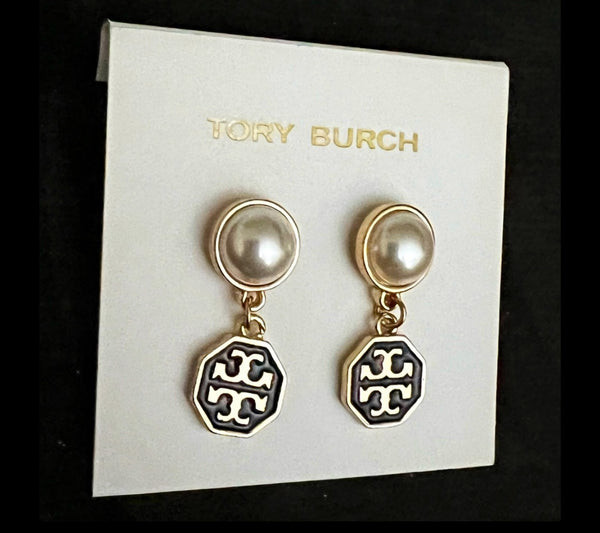 Tory Burch Authentic Hexagonal Black And Gold With T Logo Pearl Drop Earrings