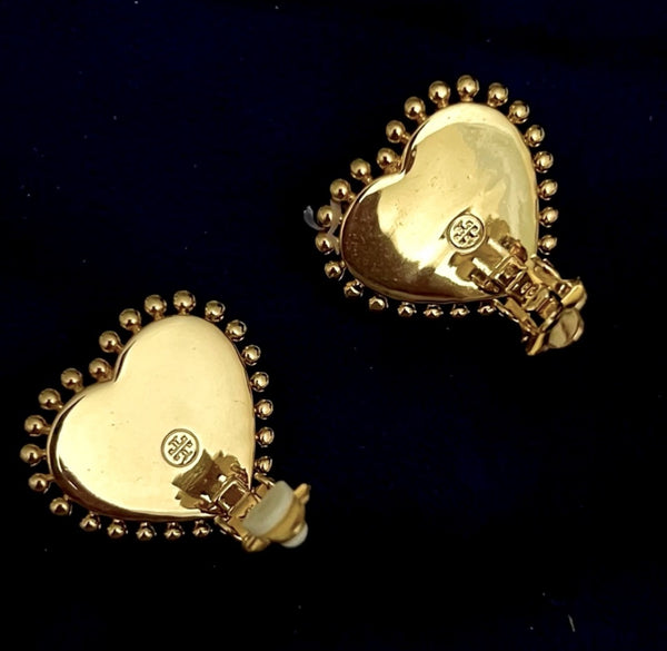 Tory Burch Gold And Green Heart with Mingrain Detailing Large Clip On Stud Earrings