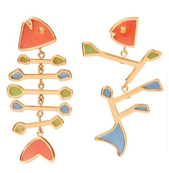 Tory Burch Fish Wishbone Mismatched Colorful Drop Earrings