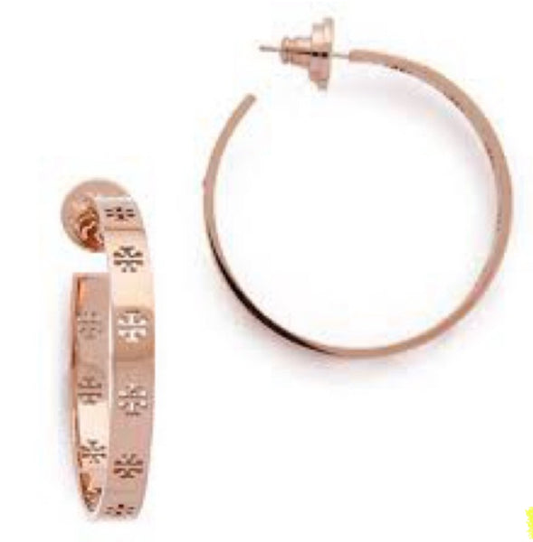 Tory Burch Rose Gold T-Pierced Logro Cut Out Hoop Pierced Earrings