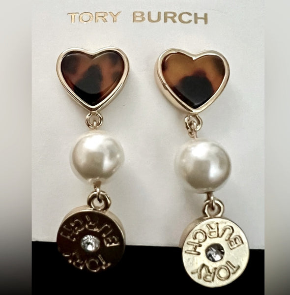 Tory Burch Logo Gold Plated Brass and Semi Precious Tortoise Heart Pearl Stone Drop Earrings