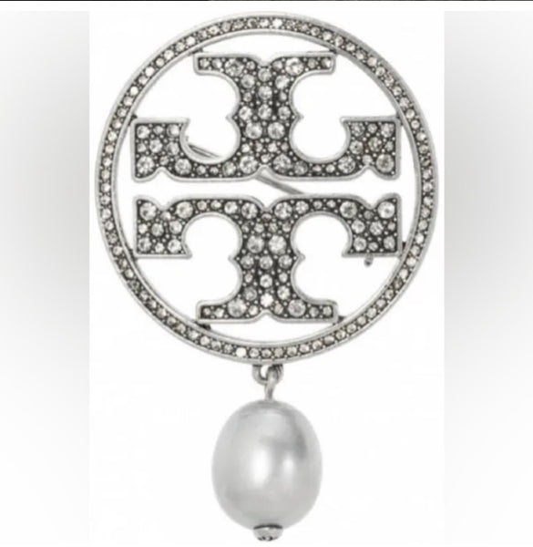 Tory Burch Silver and Swarovski crystal pave double T logo & Crystal Gray Pearl Brooch Pin