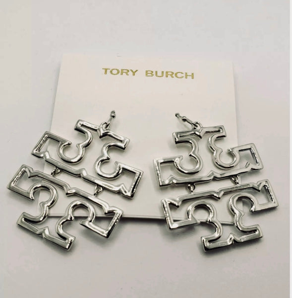 Tory Burch Britten Silver Drop Earrings Rhodium Plated Shiny Finish