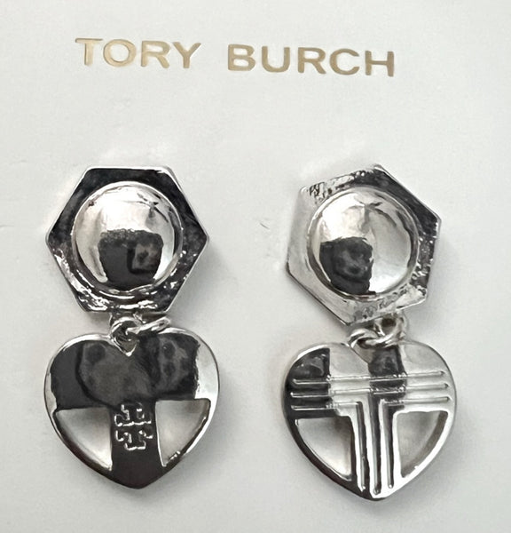 Tory Burch Silver Hexagon And Heart Logo Drop Earrings