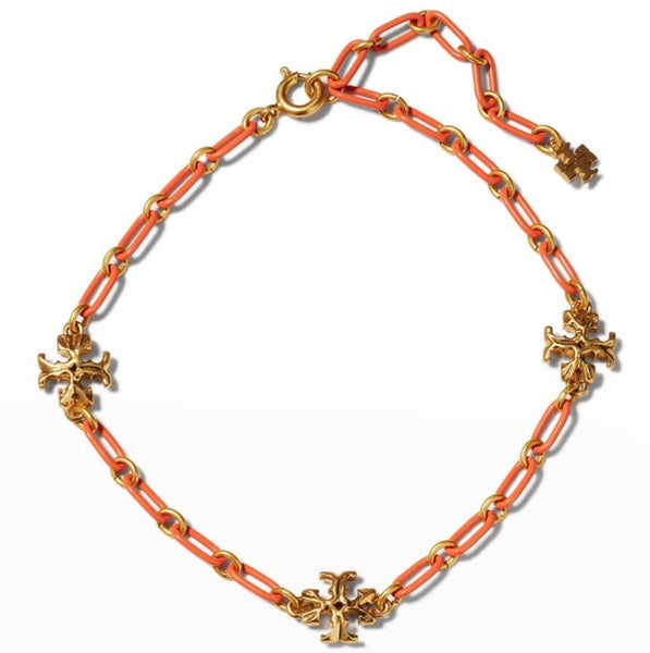 Tory Burch Roxanne 18K-Gold-Plated & Coral Acrylic Logo Chain Bracelet