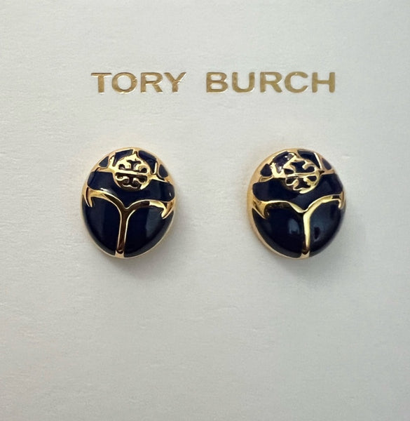 Tory Burch Small Oval Shape With T Logo Black And Gold Stud Earrings Black Gold