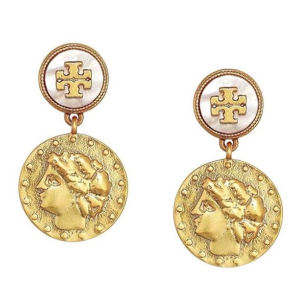 Tory Burch Gold Logo Coin Drop Medallion Earrings