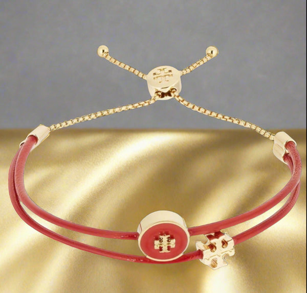 Tory Burch Kira 18K Gold Plated Leather & Enamel Logo Red Bracelet