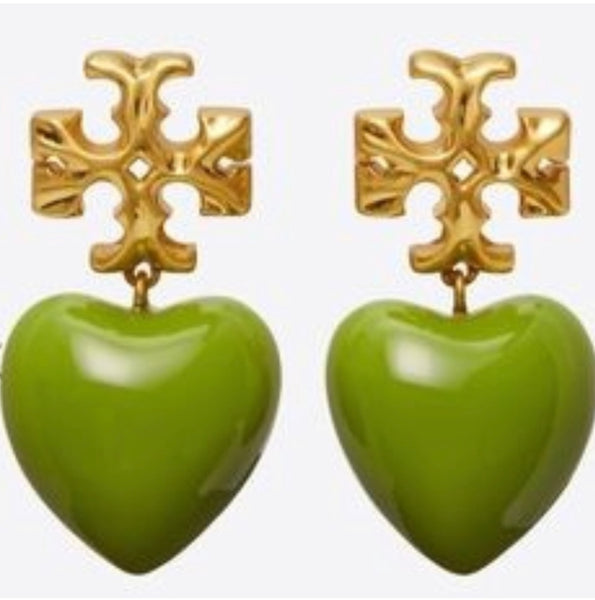 Tory Burch Roxanne Gold Tone And Resin Heart Drop Earrings in Green