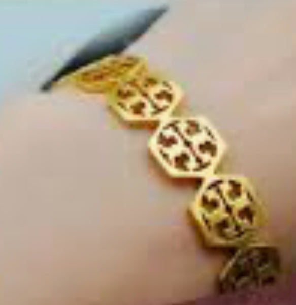 Tory Burch Gold Hexagon Logo Cuff Bracelet