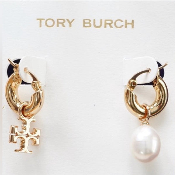 Tory Burch Logo Baroque Pearl Mismatch Drop Earrings