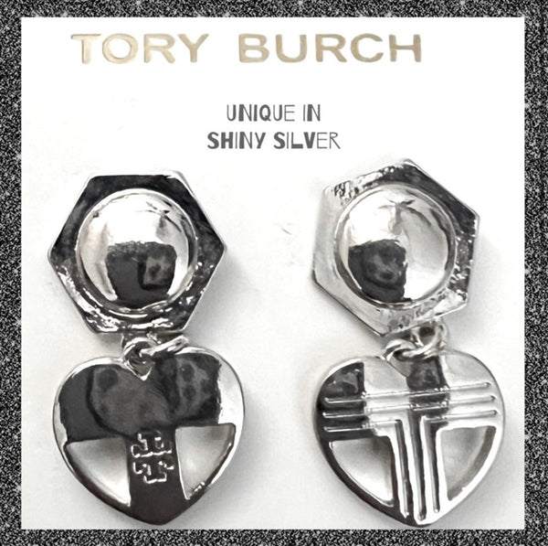 Tory Burch Silver Hexagon And Heart Logo Drop Earrings