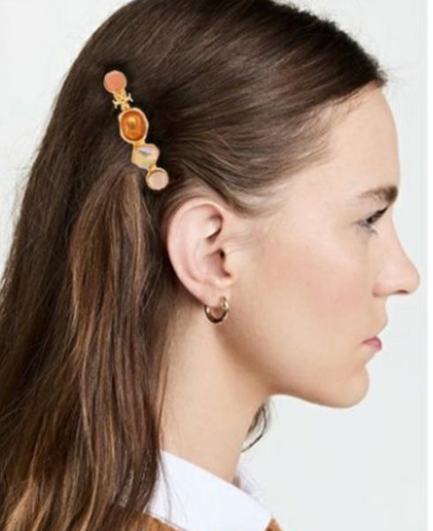 Tory Burch Roxanne Gold And Orange Stones With Tory Logo Luxury Hair Barrette