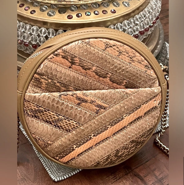 Tory Burch Kira Chevron Snakeskin Circle Bag in Neutral Shades of Caramel Corn