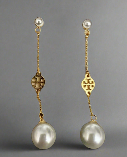 Tory Burch Delicate Pearl Logo Long Earrings