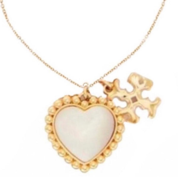 Tory Burch Roxanne Gold and Mother of Pearl Heart Logo Charm Pendant Necklace