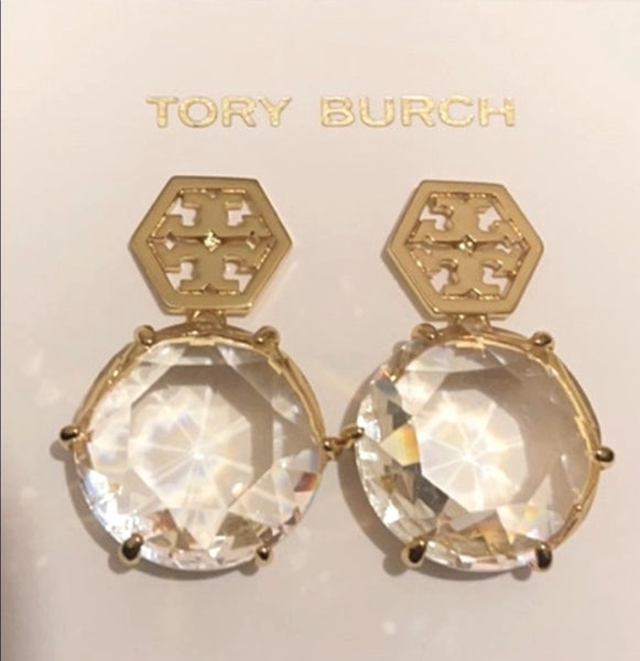 Tory Burch Crystal Stone Hexagon T Logo Drop Earrings Clear