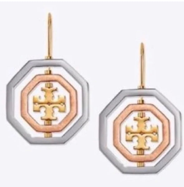 Tory Burch Rose Gold-Silver-Gold Rotating Geo Drop Logo Pierced Earrings