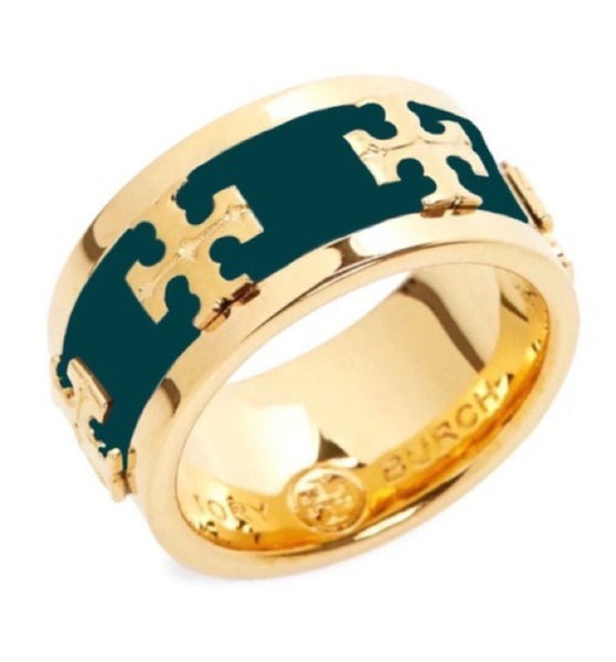 Tory Burch Wide Band Green Enamel With Raised Logo Ring Size 7