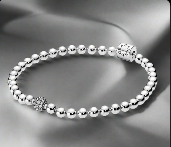 Pandora Sterling Silver Beads & Pave Bracelet With CZ Size 7.1”