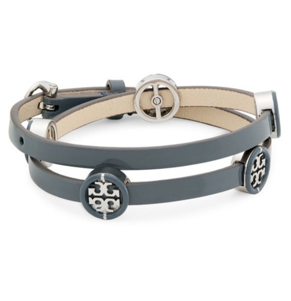 Tory Burch Miller Silver Tone Leather & Enamel Double Wrap Bracelet