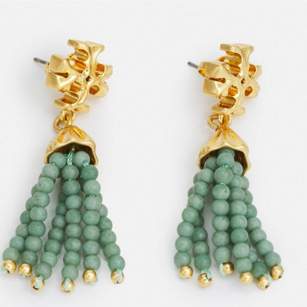 Tory Burch Roxanne Small Gold And Green Tassels Drop Earrings