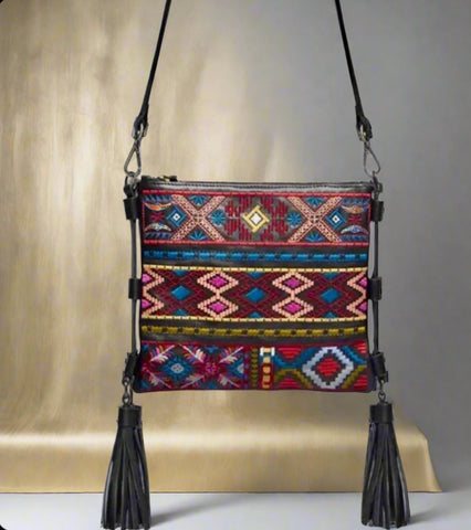 Johnny Was Zipped Black Leather Embroidery Tassel Crossbody Bag