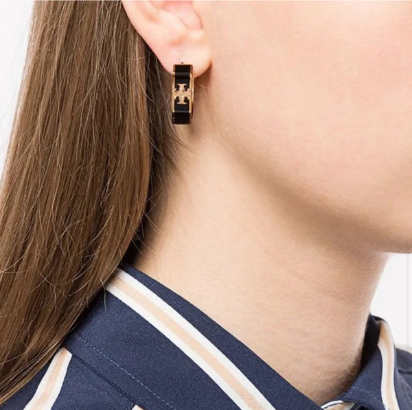 Tory Burch Kira Huggie Gold And Black Hoops Earrings