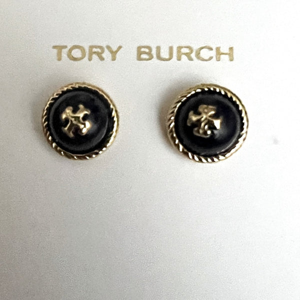 Tory Burch Black Glass Cabochon Rope Gold Stud Earrings