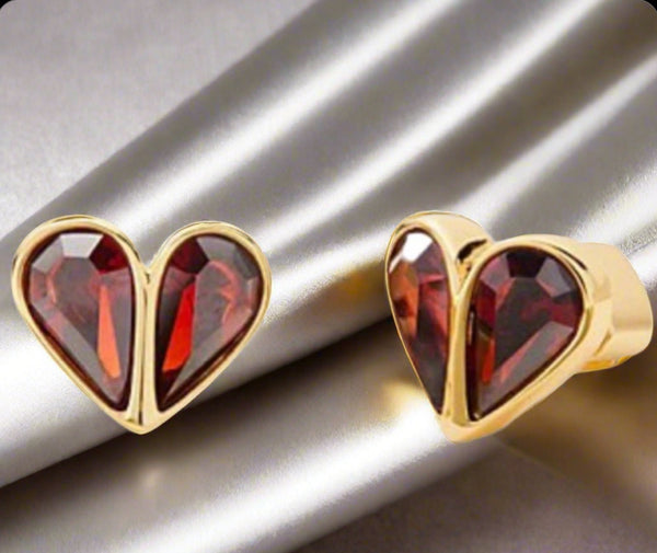 Kate Spade Red And Gold Rock Solid Crystal Small Heart Studs Earrings