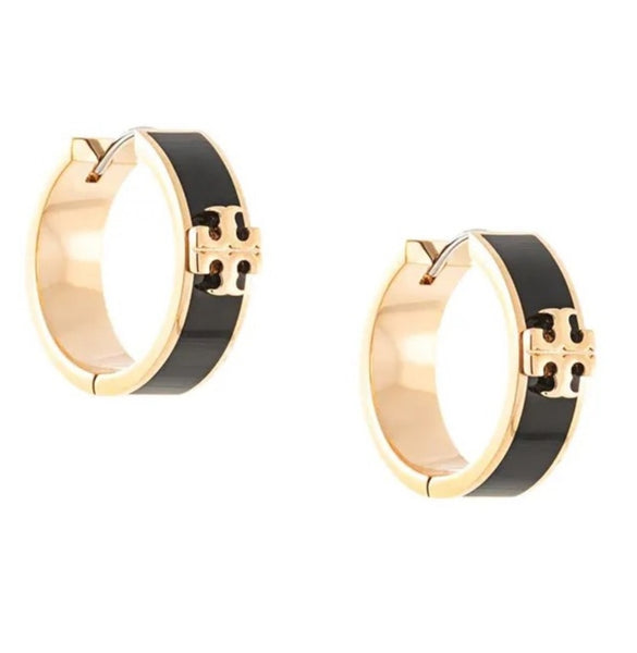 Tory Burch Kira Huggie Gold And Black Hoops Earrings