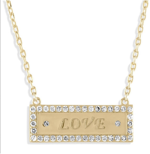 Lulu DK Gold Necklace Bar LOVE Sparkly With Cubic Zirconia Studs