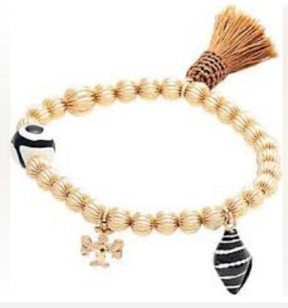 Tory Burch Roxanne Beaded Charm Bracelet Gold 18k Gold Plated Enamel-Resin-Silk