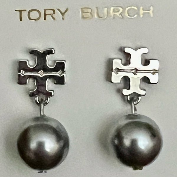 Tory Burch Logo Classic Silver Gray Pearl Drop Logo Earrings