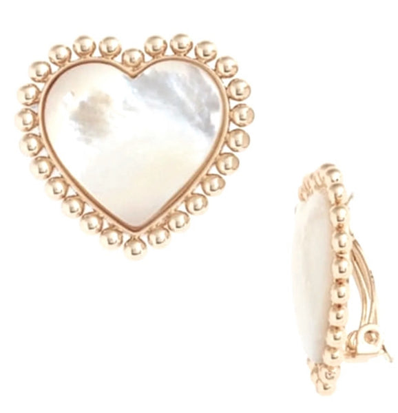 Tory Burch Gold And Mother Of Pearl Heart with Milgrain Detailing Large Clip On Stud Earrings