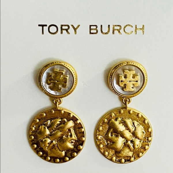 Tory Burch Gold Logo Coin Drop Medallion Earrings