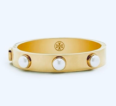 Tory Burch Metallic Pearl & Metal Logo Stud Swarovski Crystal Pearls Cuff Bracelet