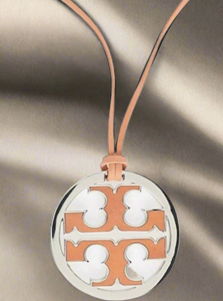 Tory Burch Silver & Coral Leather Logo With Coral Leather Necklace